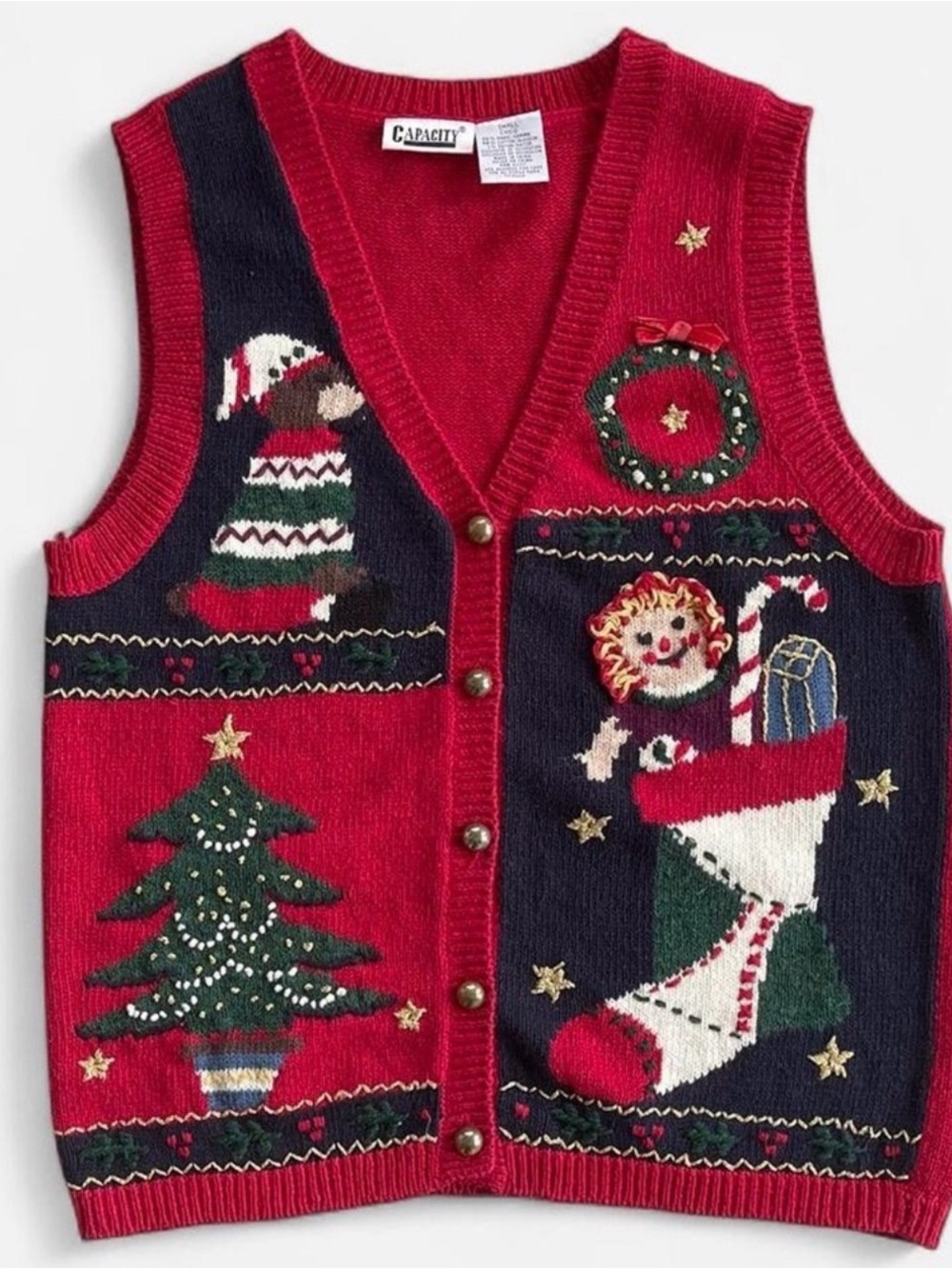 Vintage Capacity Red Knit Embroidered Festive Christmas Holiday Sweater Vest